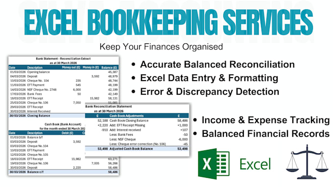 do bank reconciliation and excel bookkeeping