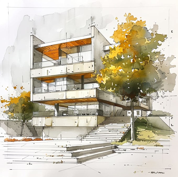 sketch architecture building with watercolor rendering