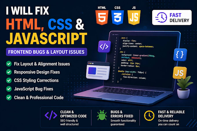 fix HTML CSS javascript frontend bugs and layout issues