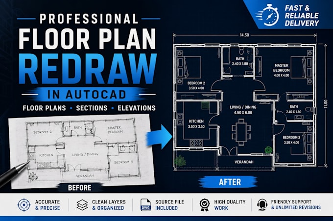 redraw floor plans and architectural drawings in autocad