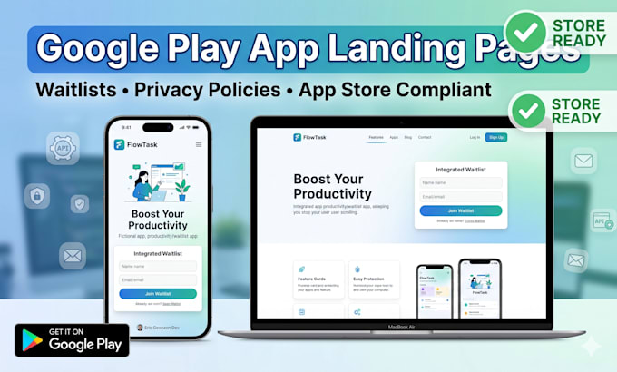 a google play app landing page with privacy policy and waitlist