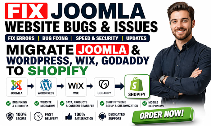 fix joomla website bug issues migrate joomla wordpress wix godaddy to shopify
