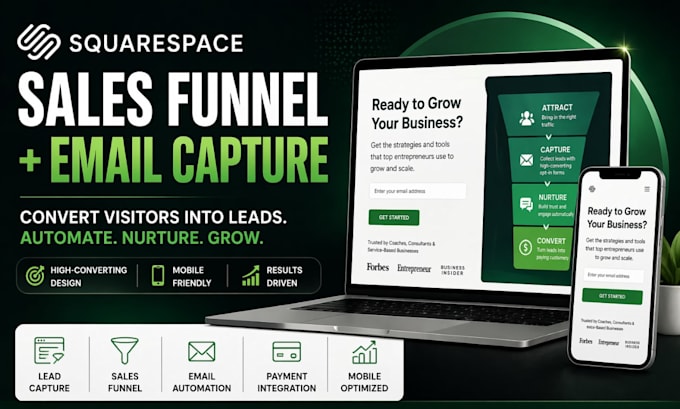create squarespace website with full sales funnel and email capture setup