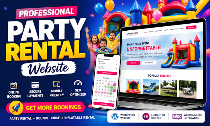 design party rental website, bounce house wordpress rental website