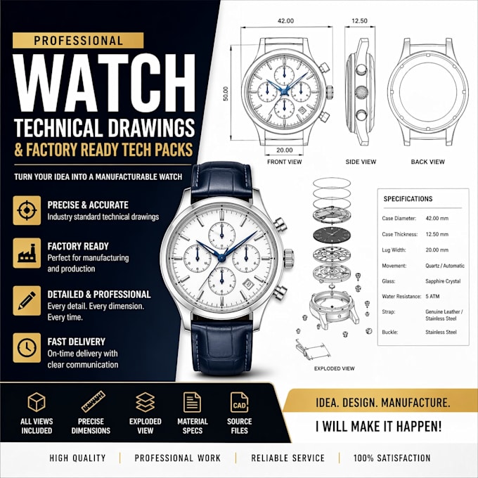 create professional watch technical drawings and factory ready tech packs