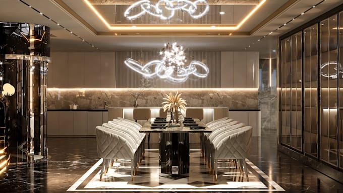 upgrade luxury warm kitchen design, dinning space, revit 3d modeling with render