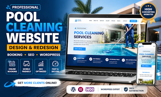 design a pool cleaning website or pool service website with booking and SEO