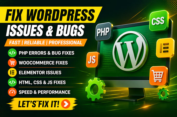 wordpress bug fix issues PHP error, woocommerce elementor bugs, HTML CSS js