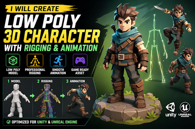 Model 3d low poly character, rigging for game asset, animation, and ...