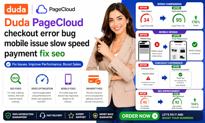fix duda page cloud checkout errors mobile bugs speed issues SEO problems
