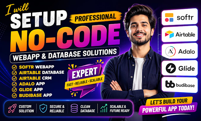 setup softr webapp airtable database, airtable crm adalo glide budibase expert