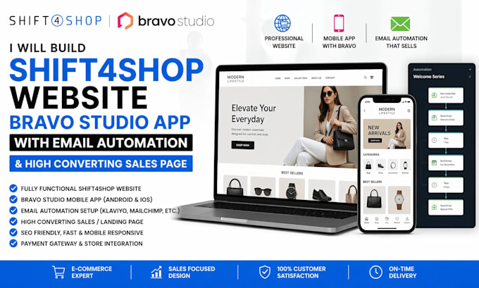 build shift4shop website bravo studio app email automation and high converting