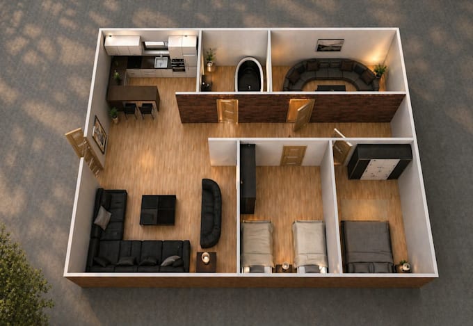 create modern 2d floor plan and realistic 3d interior design