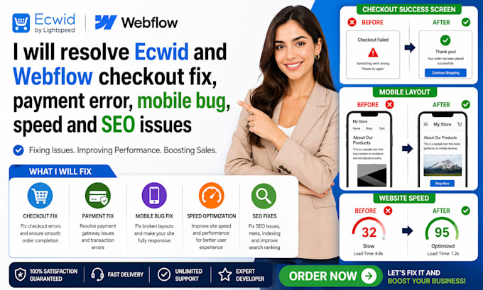 resolve ecwid webflow checkout fix payments error mobile bug speed SEO issues