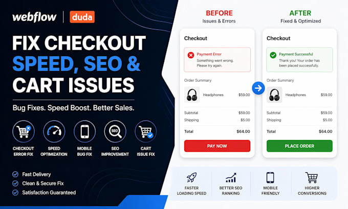 fix webflow duda checkout error speed bug mobile SEO and cart issues