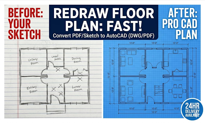 redraw floor plan from sketch or convert PDF to autocad