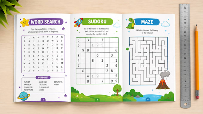 design kdp puzzle book, wordsearch, kids activity book, worksheet and logic game