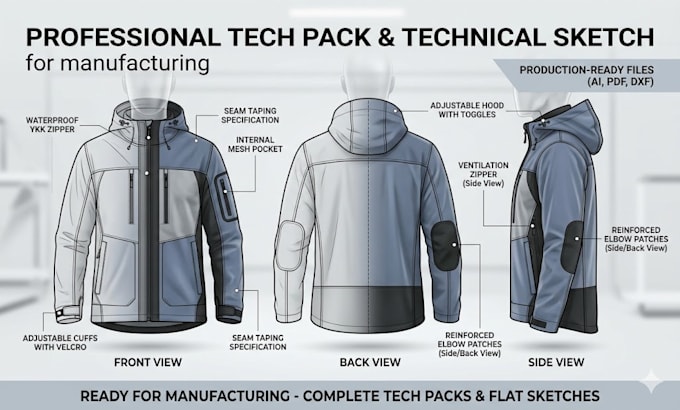 create a factory ready fashion tech pack, clothing tech pack and technical flats