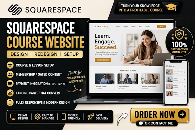 design or redesign a squarespace course website with content, lessons and access