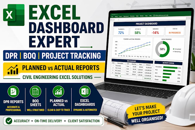 design excel dashboards for dpr, boq  and project tracking