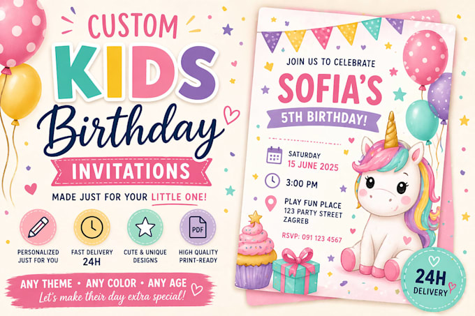 designe personalized kids birthday invitation in 24h