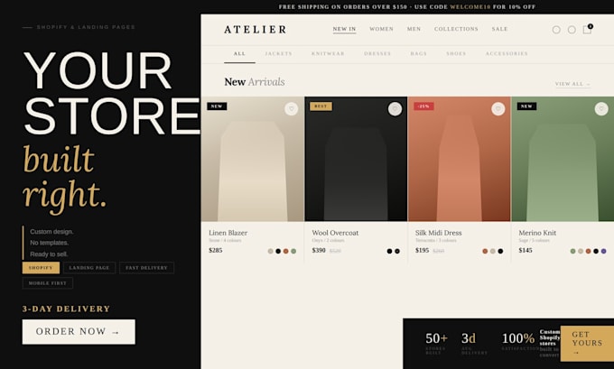 design custom shopify store and high converting landing page 3 day delivery