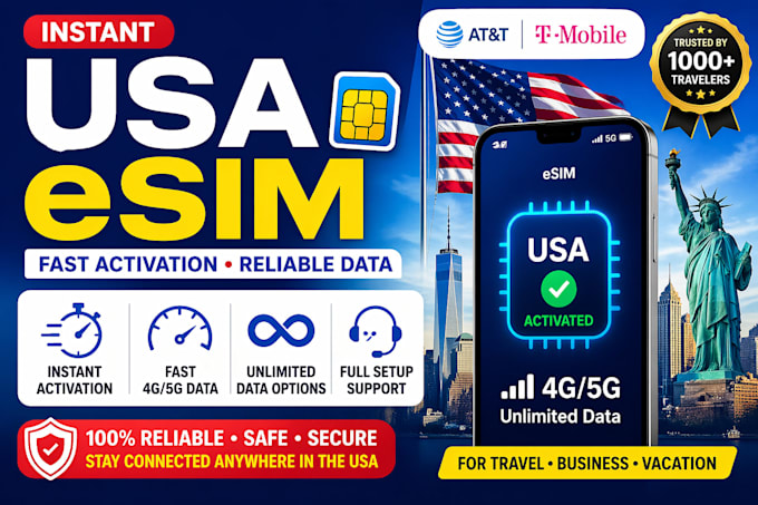 activate USA esim with instant setup, unlimited data, att tmobile support