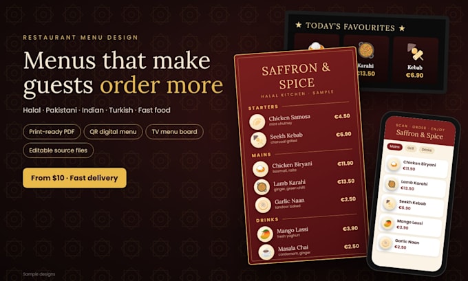 design a restaurant menu, food menu, qr menu and digital menu board