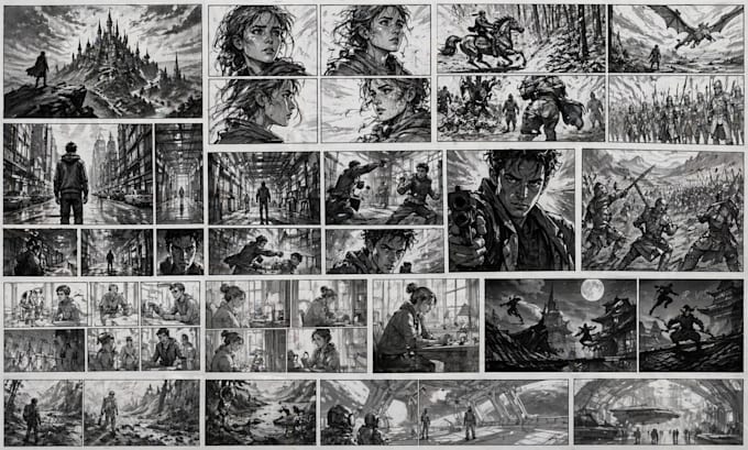 draw cinematic storyboard, film storyboard, comic panels and animatics