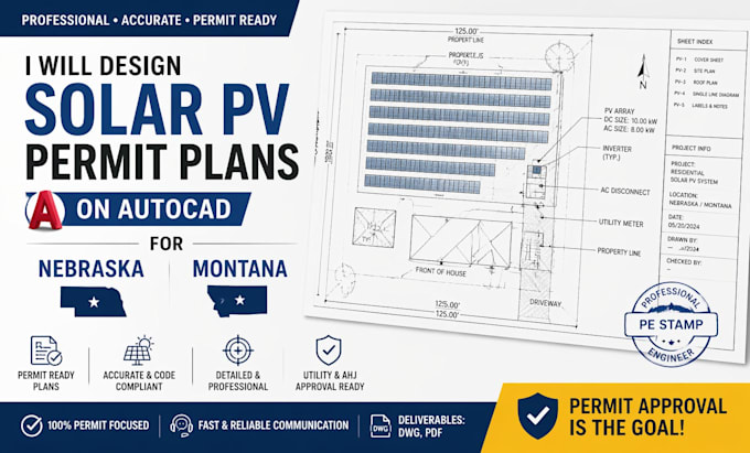 Design solar pv permit plans on autocad for nebraska montana by ...