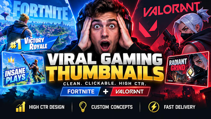design viral gaming youtube thumbnails for fortnite and valorant