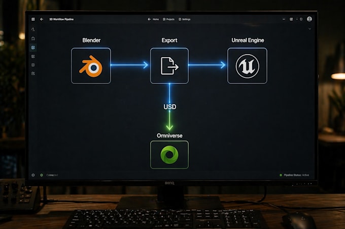set up 3d workflow and pipeline in blender, unreal engine, nvidia omniverse