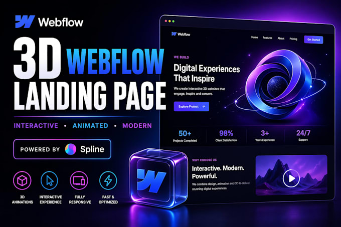 create an interactive 3d animated webflow landing page, using spline