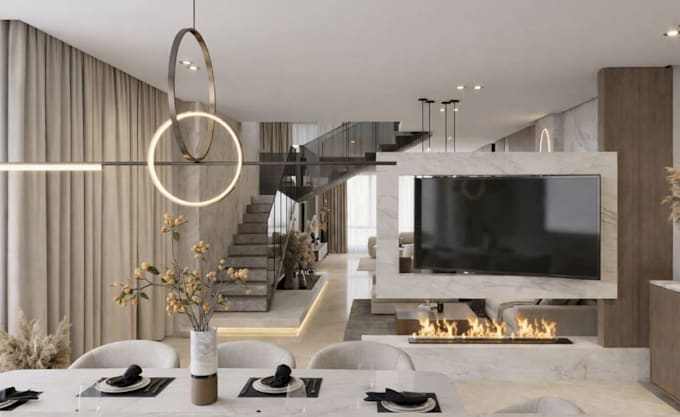 render 3d basement floor as a home garage interior ,tv couch design, dining area