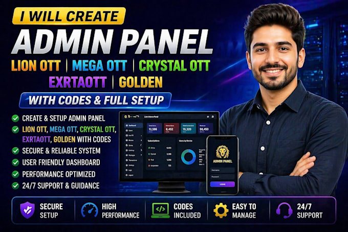 create admin panel, lion ott, mega ott, crystal ott, exrtaott, golden with codes