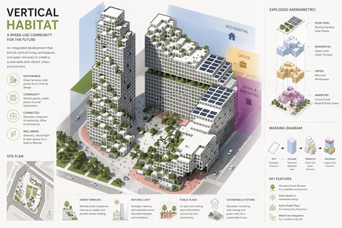 create architectural diagrams mapping, graphics  exploded axonometric views