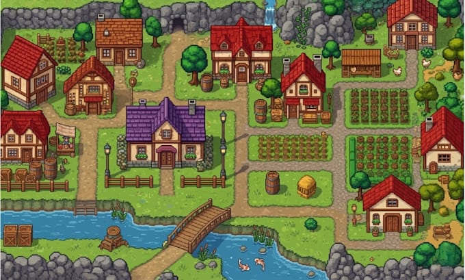 do top down pixel art tileset, 2d pixel map tileset, tile map rpg game asset