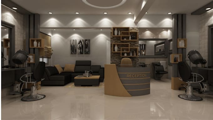 create realistic spa, barber shop 3d rendering with furniture layout