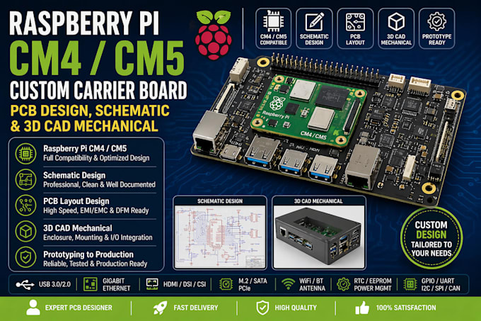 raspberry pi cm4 cm5 carrier board pcb design, schematic and 3d cad mechanical