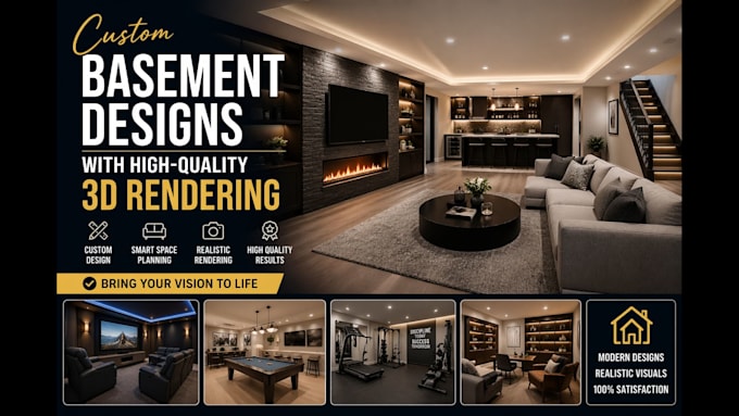 create custom basement designs with high quality 3d rendering
