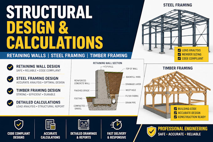 design retaining walls, steel and timber framing with calculations