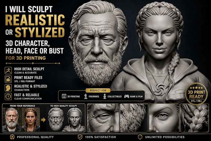 sculpt 3d realistic stylized 3d character 3d head 3d face bust for 3d printing