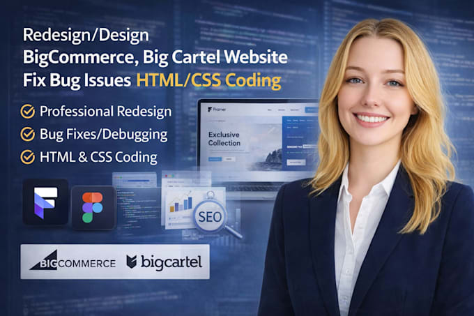 redesign design bigcommerce big cartel website fix bug issues html css coding