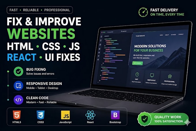 Fix html css javascript react website bugs and ui issues by Fran_dice3 ...