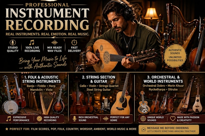 record cello, violin, string quartet and steel string guitar