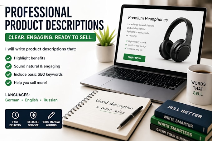 write product descriptions in german english and russian