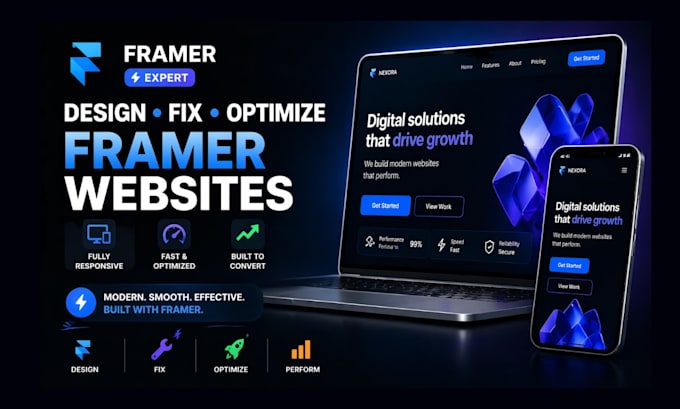 create, fix, and optimize stunning framer websites and fix bugs,  design framer