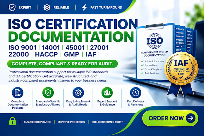 iso 9001, 14001, 45001, 27001, 22000, haccp, gmp iaf certification documentation