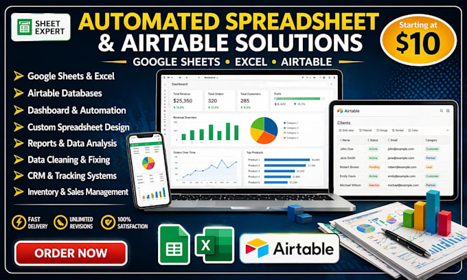 build google sheets, excel dashboard, and airtable database automation system
