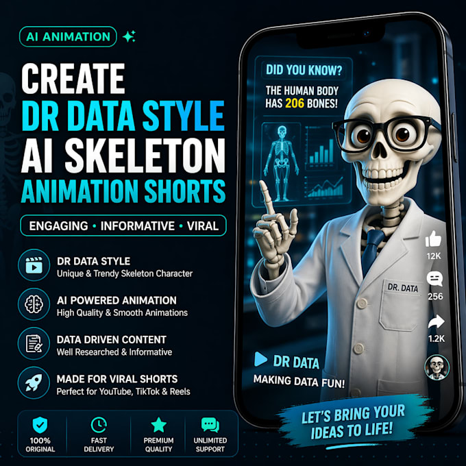 create dr data style ai skeleton animation shorts